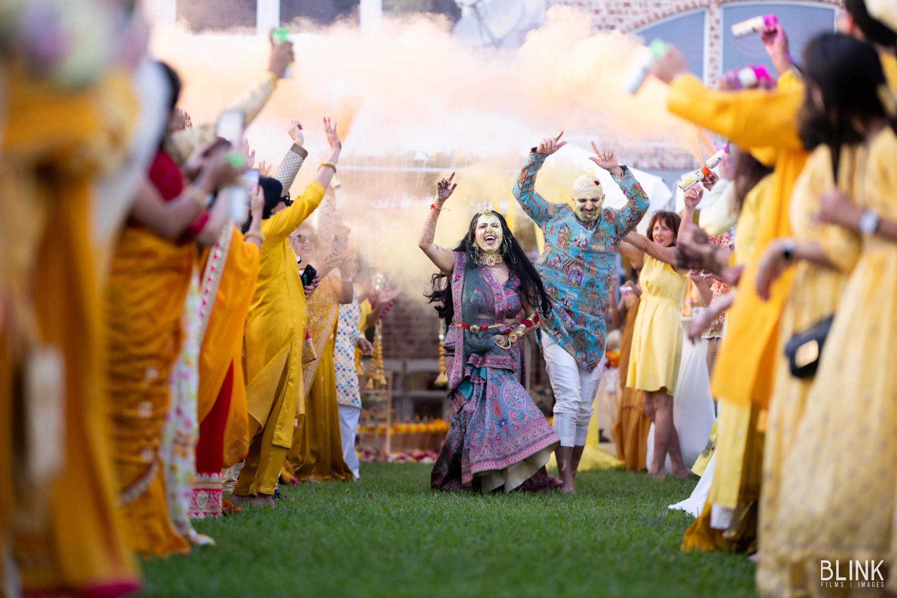 Vibrant haldi celebration with family and friends joining in the festivities